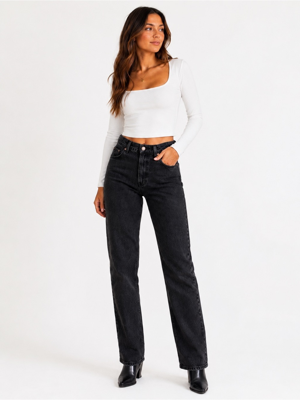 Free People Xena High Rise Slim Straight Jeans 25 Black 90s Denim